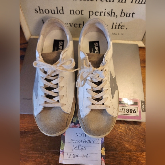 Golden Goose Superstars Size 39 Mixed Leather Neutral Grayish Suede Blue Star - Picture 8 of 8